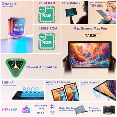 Dghrti 2025 Android 14 Tablet 10 inch, 22G RAM+128G ROM/1TB Expansion, 8000 mAh Battery, Octa-Core, 1280 * 800 IPS HD Screen, Face Unlock, Widevine L1, 2 in 1 Tablet with Keyboard Mouse - Metal Gray - Image 2