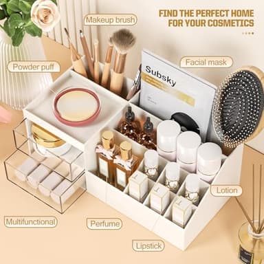 Subsky Makeup Organizer with Drawers, Easy Storage for Beauty Products Brushes, Multifunction Plastic Desk Organizer, Cosmetics Organizer for Countertop Dresser Vanity and Bathroom (White) - Image 4