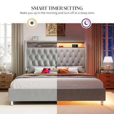 Jocisland Queen Size Bed Frame 53.6'' Tall Headboard LED Lights and Charging Station, Velvet High Upholstered Platform Bed Wingback Storage, No Box Spring Needed, No Motion Light Under Bed, Light Gray - Image 6