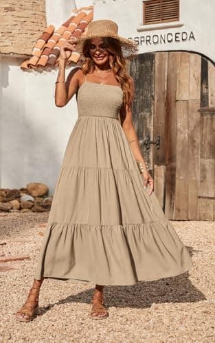 PRETTYGARDEN Women's Summer Maxi Dress 2025 Casual Boho Sleeveless Spaghetti Strap Smocked Tiered Long Beach Sun Dresses (Khaki,S) - Image 3