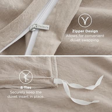 Bedsure 100% Washed Cotton Duvet Cover Queen Size - Frosted Almond Minimalist Cotton Duvet Cover Linen Like for All Seasons - GentleSoft™ Plain Simple Bedding, Frosted Almond, Queen, 90"x90" - Image 7