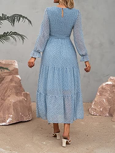 BTFBM Women Casual Long Sleeve Crew Neck Fall Dress Bohemian Relaxed Fit Floral Flowy Maxi Dresses Tiered Cocktail Dress(Floral Blue White,XX-Large) - Image 4