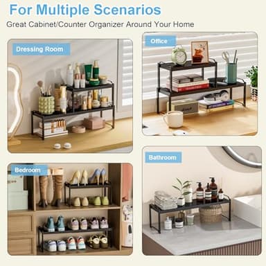 25.5 Inches 2 Pack Expandable Cabinet Shelves, Stackable Shelf Organizer for Kitchen Cabinet Countertop Storage, Adjustable Counter Cupboard Pantry Organizer Shelf Rack Stand Riser, Black - Image 7