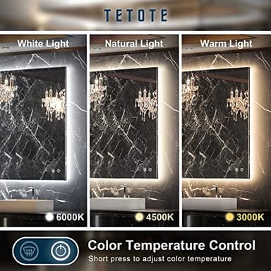 TETOTE 40 x 32 LED Backlit Bathroom Mirror with Light,3Color White/Warm/Natural,Anti-Fog Lighted Mirror,Dimmable,Vanity Mirror,Wall Mounted - Image 3