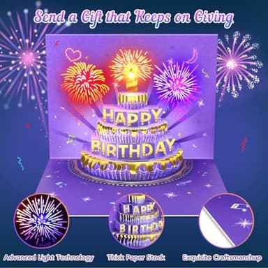 FITMITE Birthday Cards Birthday Gifts for Women Fireworks Pop Up Cake Light and Music Happy Birthday Card Purple Gold - Image 5