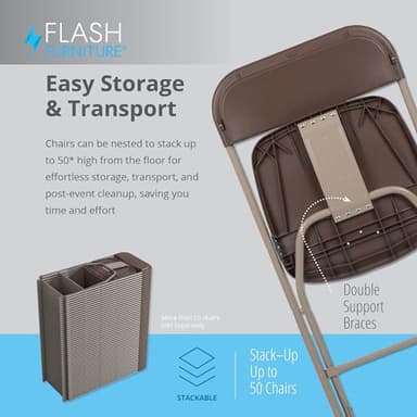 Flash Furniture Hercules Series Plastic Folding Chair Brown - 10 Pack 650LB Weight Capacity Comfortable Event Chair-Lightweight Folding Chair - Image 5