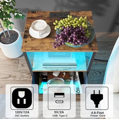 TUTOTAK LED End Table with Charging Station, Nightstand with Cloth Drawer, Side Table with 1 USB Port and 1 Type-C Port, Set of 2, Couch Table, Brown TB01BB052L - Image 4
