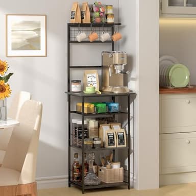 5 Tier Coffee Bar Station, Kitchen Stand with 4 S-Shaped Hooks, Farmhouse Corner Coffee Bar for Small Spaces, Bakers Rack for Kitchen, Entryway, Living Room, 13.43" D x 18.93" W x 53.31" H,Gray - Image 3