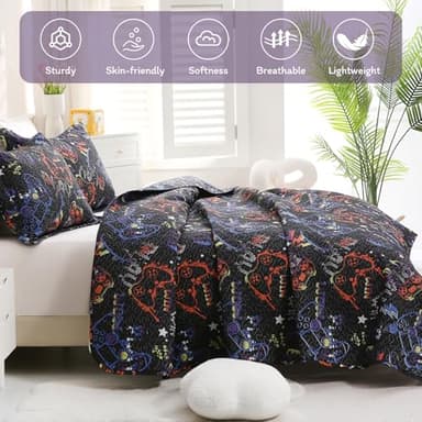 JSD Black Gaming Kids Quilt Set Full/Queen, Microfiber Printed Bedspread Coverlet with Pillow Shams, Soft Lightweight Summer Quilted Blanket - Image 5