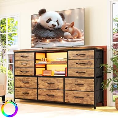 EnHomee Dresser with LED Lights & Power Outlets, 12 Drawers Dresser TV Stand for 60''TV Stand for Bedroom Fabric Dressers & Chest of Drawers, Sturdy Metal Frame, Living Room,Hallway, Rustic Brown - Image 6