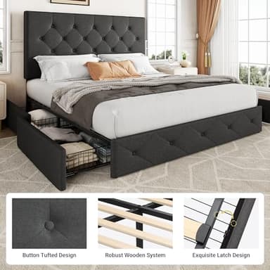Allewie Upholstered Queen Size Platform Bed Frame with 4 Storage Drawers and Headboard, Diamond Stitched Button Tufted, Mattress Foundation with Wooden Slats Support, No Box Spring Needed, Dark Grey - Image 6