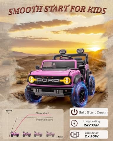 First Ride On 24V Ride on Toys for Big Kids, Licensed Ford Bronco Raptor 2 Seater Ride on Cars with Remote Control, Ride on Truck w/ 4-Wheeler Suspension, 3 Speeds, Led Lights, Bluetooth (24V, Pink) - Image 8