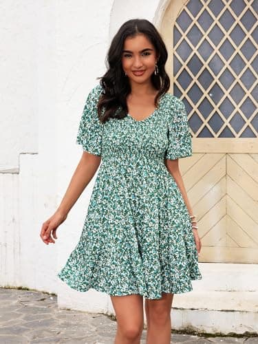 UEAL Womens Sundresses V Neck Green Floral Short Spring Summer Dresses for Women 2025 Small Green Floral - Image 3