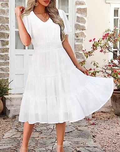 Zattcas Women 2025 Sping Summer Dress Short Sleeve V Neck Smocked Casual Flowy A Line Tiered Modest Teacher Work Graduation Wedding Guest Midi Dress White S - Image 2