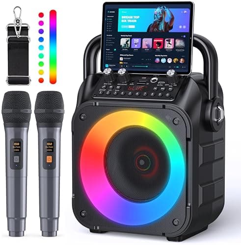 Karaoke Machine, Portable Bluetooth Speaker with 2 Wireless Microphones for Adults & Kids with Lights, Karaoke Microphone with PA System Supports USB/TF/REC/FM/AUX for Home Party Home System Packages - Image 1