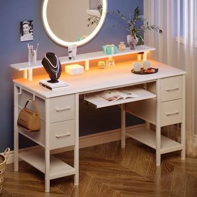 Seventable White Computer Desk with Drawers, Gaming Desk with Keyboard Tray, Office Desk with LED Lights & Power Outlets, 47 inch Writing Desk with Monitor Stand for Small Space - Image 2
