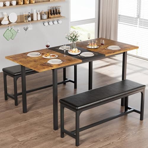 VECELO 3-Piece 63" Extendable Kitchen Table with Benches/Chairs, Modern Breakfast Dinette/Dining Room Set for 4/6/2, Small Space Saving Design, Easy Assembly - Image 1