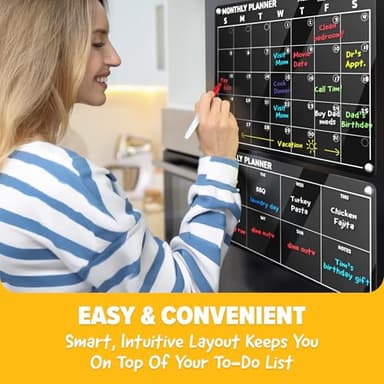 Acrylic Calendar for Fridge - Magnetic Calendar for Refrigerator - 2pc Family Refrigerator Magnetic Dry Erase Planning Board Monthly Weekly - 6 Liquid Chalk Markers & 3 Interchangeable Backgrounds - Image 3