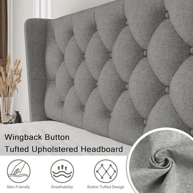 Einhomn Full Size Upholstered Bed Frame with Wingback Headboard, Fabric Linen Platform Bed, 8" Under Bed Storage, Wooden and Metal Slats Support, No Box Spring Needed, Light Grey - Image 3