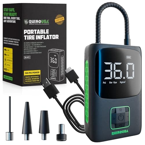 Rhino USA Tire Inflator Portable Air Compressor (150 PSI) Upgraded Air Pump for Car Tires with Digital Pressure Gauge - Best Mini Air Pump for Bike Tires with Dual LCD Screen (Black & Green) - Image 1