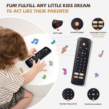 Baby TV Remote Toy - Realistic Play Remote toy with Lights and Sounds, 3 Languages (English, Spanish & French), Learning Musical Toys, Preschool Infant Boys Girls Toys Gift for 1 2 Year Old, Black - Image 2
