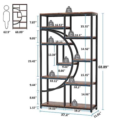 Tribesigns Bookshelf, Industrial 5 Tier Etagere Bookcase, Freestanding Tall Bookshelves Display Shelf Storage Organizer with 9-Open Storage Shelf for Living Room, Bedroom - Image 2