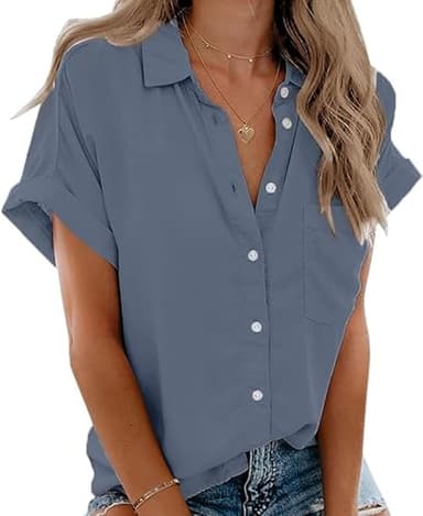 Beautife Womens Short Sleeve Shirts V Neck Collared Button Down Shirt Tops with Pockets Blue Grey - Image 1