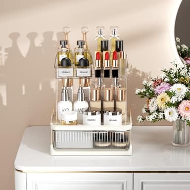 Delamu 2-Tier Bathroom Countertop Organizer with Drawer, Large Capacity Makeup Skincare Organizer Multi-Compartment Vanity Storage for Cosmetics Toiletries, Easy to Assemble, Stylish Design, Colorless - Image 4