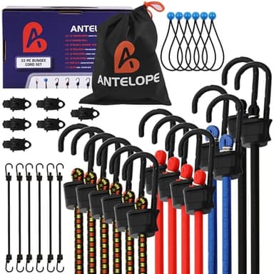 A ANTELOPE 32-Piece Bungee Cord Assortment Includes 10", 18", 24", 32", 40" Bungee Cord with Hook, 8" Canopy Tarp Ball Tie and Tarp Clip - Image 1