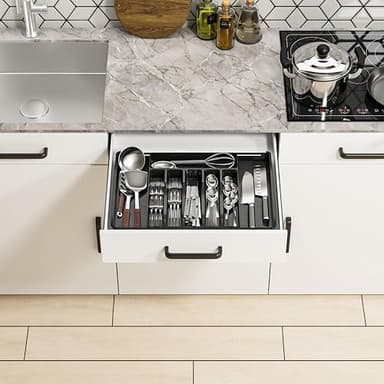 Baosia Silverware Drawer Organizer, Expandable Utensil Tray for Kitchen Drawers, BPA Free Flatware and Cutlery Holder, Adjustable Plastic Storage for Utensil like Spoons, Forks, Knives.Black - Image 2