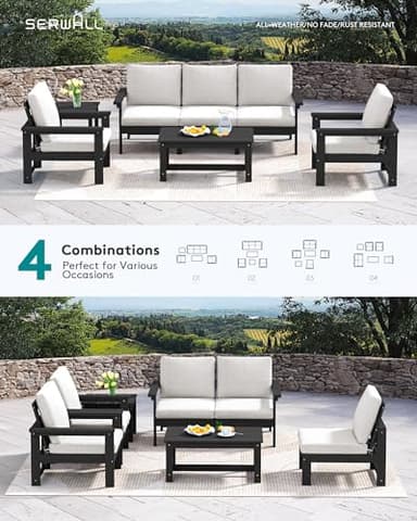 SERWALL HDPE Patio Furniture Set, 7-Piece Outdoor Sectional Sofa Set, All Weather Outdoor Couch Set for Deck, Lawn, Black Frame with Khaki Cushion - Image 8