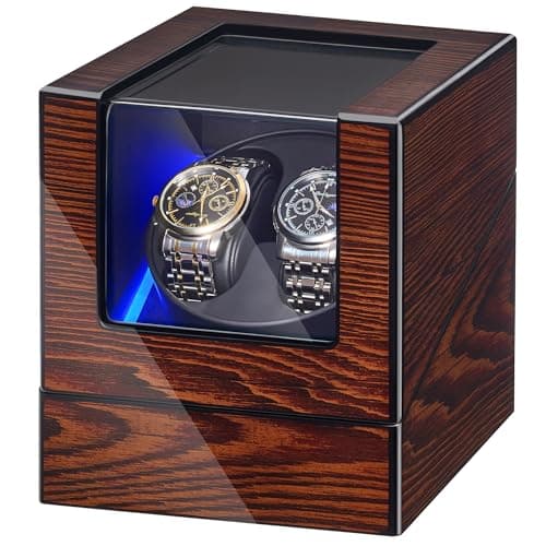 BEWISHOME Watch Winder for Automatic Watches, Automatic Watch Winder Box Watch Spinner with LED Light, Double Watch Winder with Quiet Motor Wooden 4 Modes Battery or Type-C Adapter, Brown SYQ02Y - Image 1