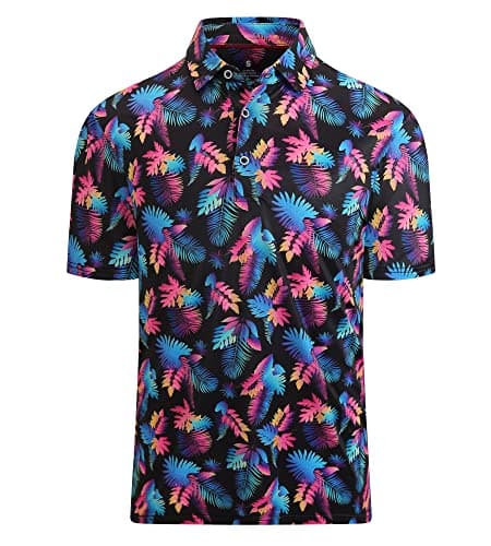 Alex Vando Mens Golf Shirt Moisture Wicking Quick-Dry Print Performance Polo Shirts for Men,Black Leaf,XXL - Image 1