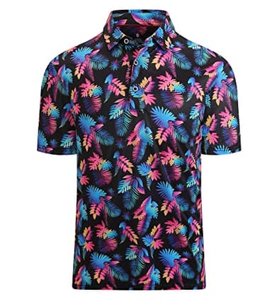 Alex Vando Mens Golf Shirt Moisture Wicking Quick-Dry Print Performance Polo Shirts for Men,Black Leaf,XXL - Image 1