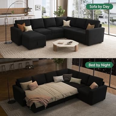 HONBAY Sectional Sleeper Couch with Pull Out Bed, U Shaped Sectional Sofa with Storage, Modular Velvet Sectional Couches for Living Room, Black - Image 3