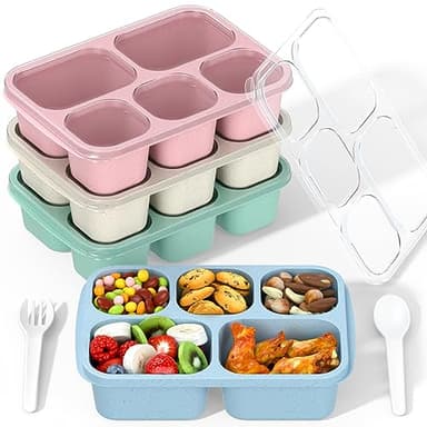 Bento Box Adult Lunch Box - 4 Pack, 5 - Compartment Meal Prep Container for Kids, Reusable Food Storage Snack Containers - Stackable for School, Work, and Travel (Wheat(Green/Blue/Pink/Beige)) - Image 1