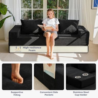 MAXYOYO Sofa Bed, 4 in 1 Foldable Floor Sofa Couch in A Box with 2 Cup Holders, Convertible 3 Seater Boneless Couch Folding Recliner Sleeper Chair for Living Room, No Assembly Required, Black - Image 6