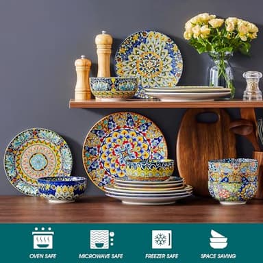 vancasso 18 Pieces Dinnerware Sets, Plates and Bowls Set, Porcelain Dishes Set for 6, Microwave and Dishwasher Safe, Scratch Resistant, Bohemian Style Dining Ware Service for 6, Series SIMI - Image 4