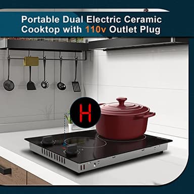 Karinear 110v Electric Cooktop 2 Burners, 12'' Electric Stove Top with Plug in, Knob Control Countertop & Built-in Ceramic Cooktop, 9 Heating Level, Hot Warning, Over-Temperature Protection - Image 4
