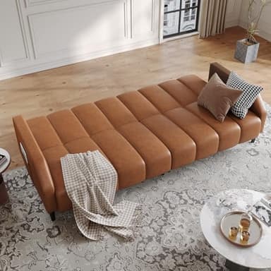 Fadware Faux Leather Couch, Convertible Futon Sofa Bed with Adjustable Backrest, Mid Century Leather Sofa Loveseat with Side Pockets& Metal Leg, Modern Leather Sleeper Sofa for Living Room Bedroom - Image 7