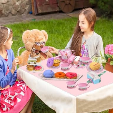 Tea Party Set for Little Girls,PRE-WORLD Princess Tea Time Toy Including Dessert,Cookies,Doughnut,Teapot Tray Cake, Tablecloth & Carrying Case,Kids Kitchen Pretend Play for Girls Boys Age 3-6 - Image 7