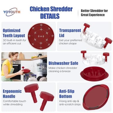 Chicken Shredder Tool Twist: 2025 Pro Food-Grade Visible Meat Shredder with Strong Anti-Slip Base, Ergonomic Handle, Chicken Breast Shredder, Suitable for Pork Beef Chicken (Red, 8 inch) - Image 2