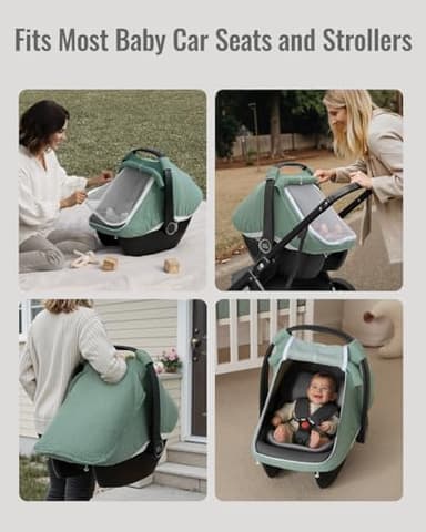 Blissful Diary Baby Car Seat Cover, Extra Large Mesh Window, Breathable Muslin Cotton, Infant Windproof Canopy, Must-Have Baby Gift - Roman Green - Image 7