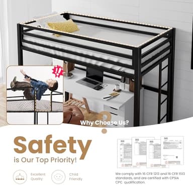 SHA CERLIN Loft Bed Twin Size with Ladder and Guardrail,Heavy Duty Metal Slats Support No Box Spring Needed Small Space Saving Furniture for Bedroom Dorm,Black - Image 5