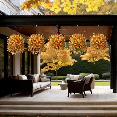 Artificial Fake Hanging Flowers Plants with Basket Spring Outdoor Decor,Faux Silk Colorful Daisy in Planter Boxwood No Fade Plastic Shrubs Farmhouse Home Garden Porch Decoration (Yellow Orange) - Image 4