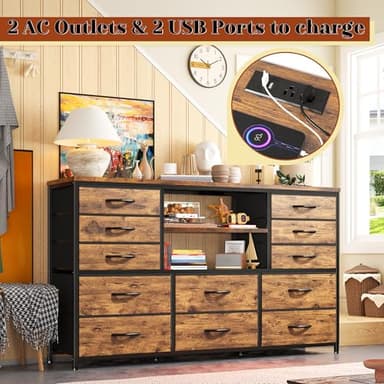 EnHomee Dresser with LED Lights & Power Outlets, 12 Drawers Dresser TV Stand for 60''TV Stand for Bedroom Fabric Dressers & Chest of Drawers, Sturdy Metal Frame, Living Room,Hallway, Rustic Brown - Image 9