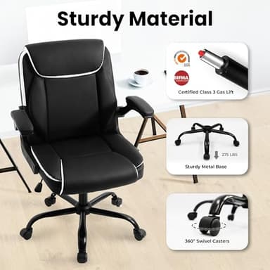 NEO CHAIR Office Desk Computer Chair Ergonomic Executive Mid-Back Leather Gaming Chair with Adjustable Flip-Up Armrests Wheels Swivel for Home Study Task (Black) - Image 8