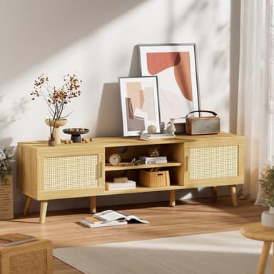 SUPERJARE Boho TV Stand for 65 Inch TV, Entertainment Center with Adjustable Shelf, Rattan TV Console with 2 Cabinets, Media Console, Solid Wood Feet, 4 Cord Holes, for Living Room - Natural - Image 6