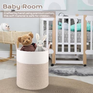 HOBASKET Cotton Rope Hamper for Girls Kids Baby Nursery Hamper Bin Woven Storage Basket for Living Room cute laundry basket Tall Laundry Basket for Blanket Toy storage bin(Beige) - Image 4