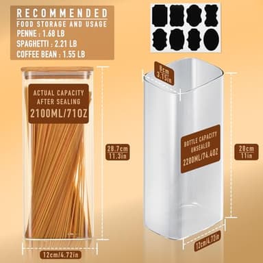 D2scrma 71oz Rectangle Airtight Glass Storage Containers with Bamboo Lids (Set of 3), Square Food Storage Jar, Pantry Organizers for Sugar, Flour, Spaghetti and Coffee beans (with Black Lable) - Image 2